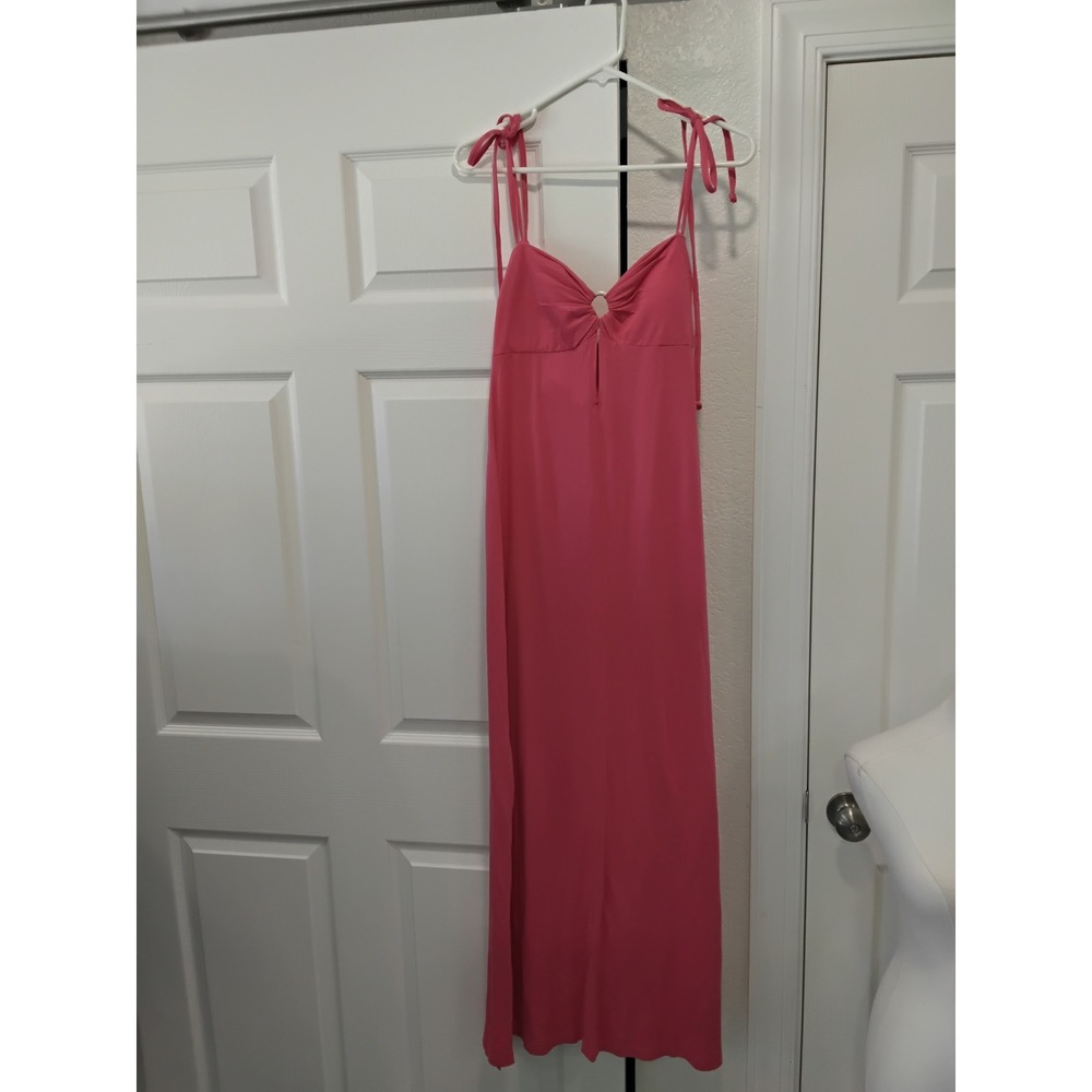 Make + Model Pink O-Ring Keyhole Maxi Dress Small Tie Strap Smocked Back Slit